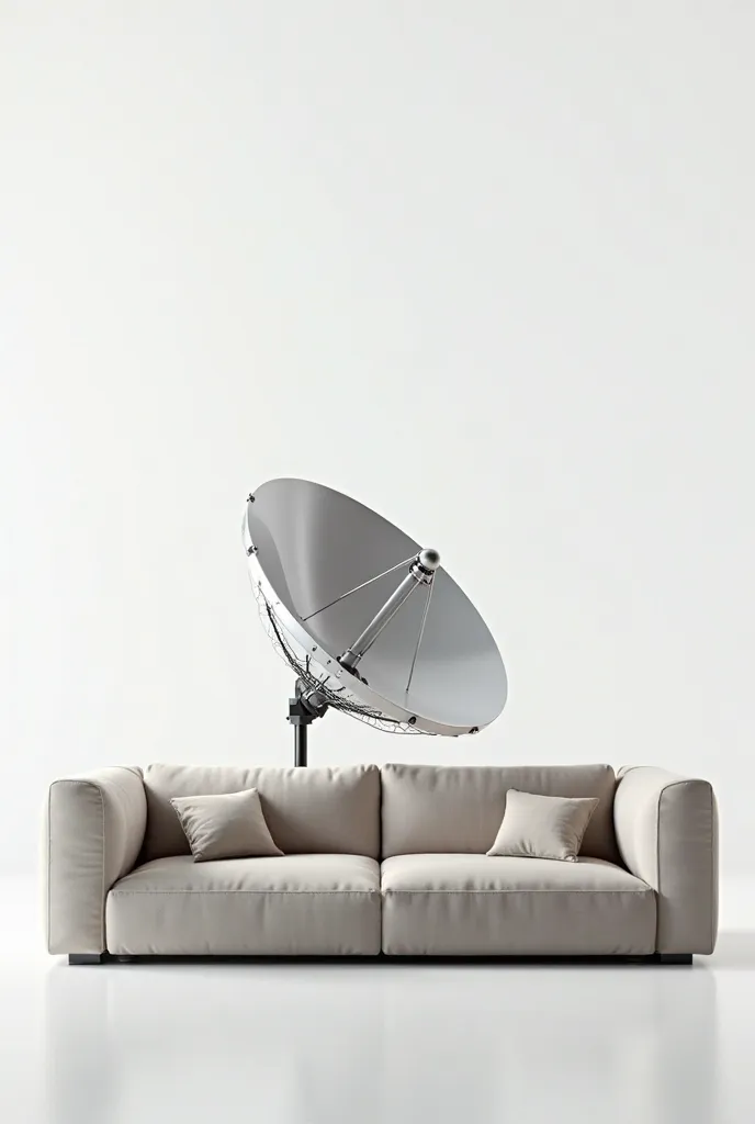 Parabolic antenna sitting on a sofa . White background. big sofa. 