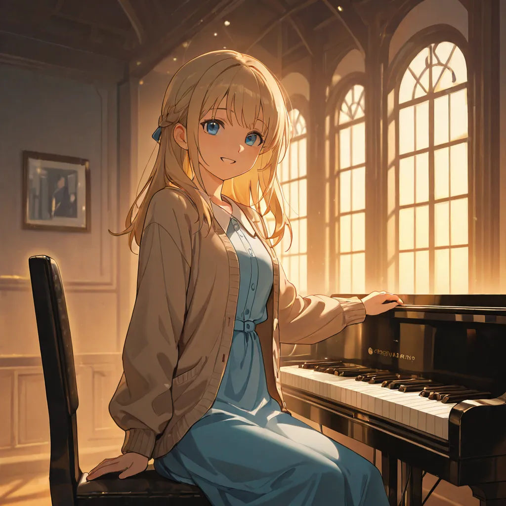 A Pixar-style animated image featuring a grand piano in the center of a room. The soft glow of the evening sun shines through a window, casting warm light on the piano. A young Japanese woman in her 20s stands behind the piano. She is wearing a pastel blue...