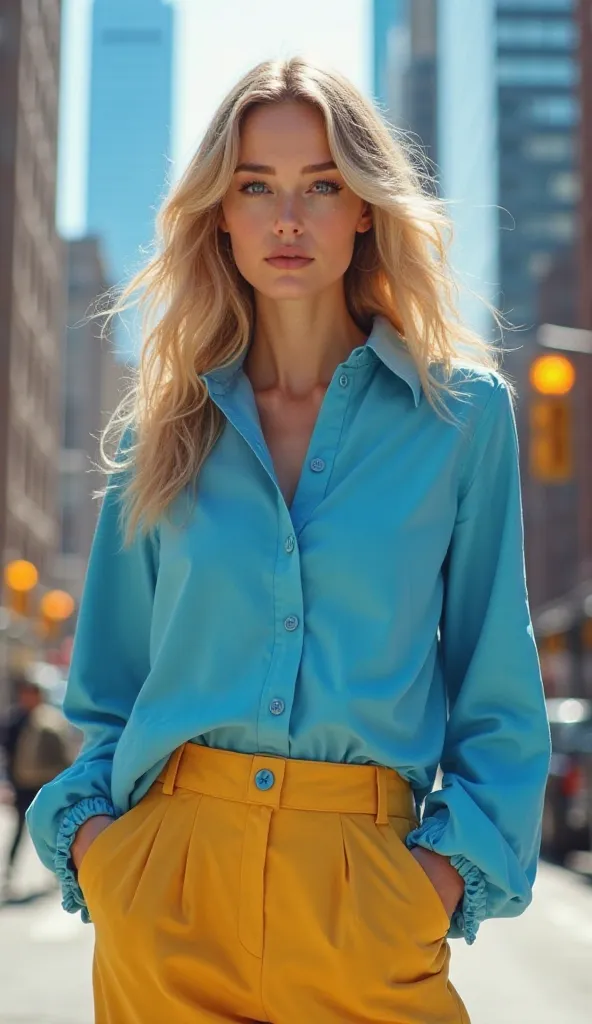 Very pretty white american chick, using blue shirt yellow pants in the city, Standing facing the camera