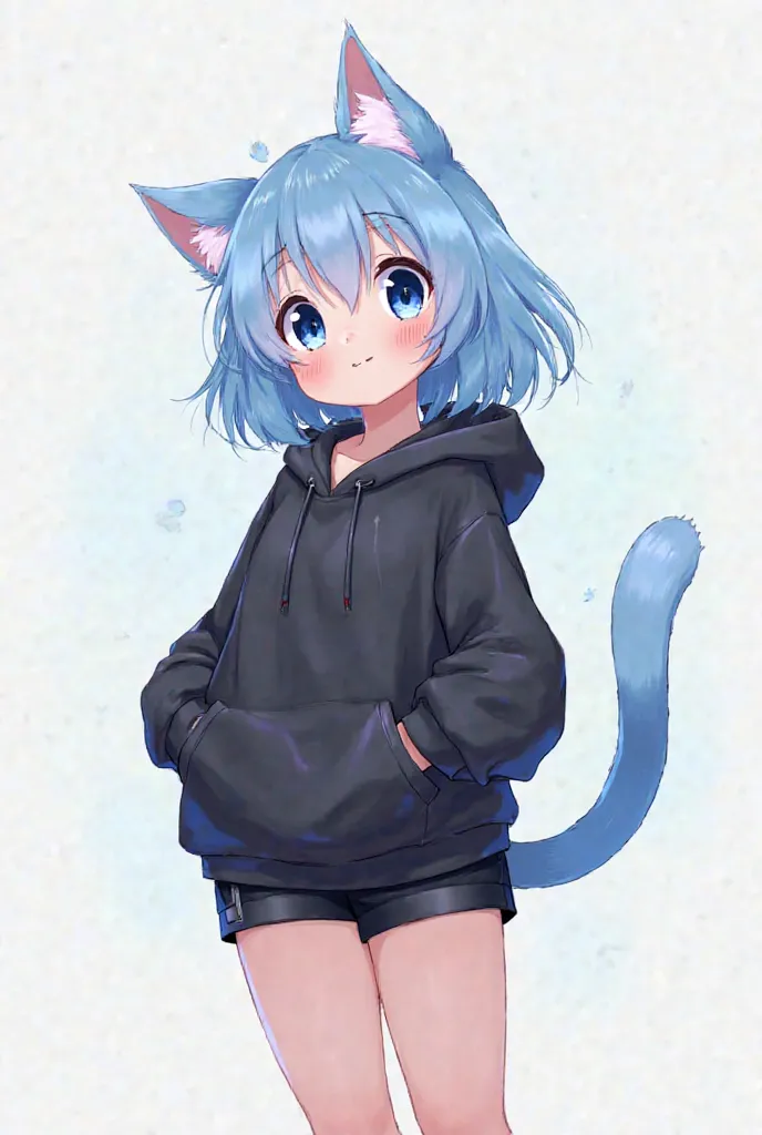 Anime style blue cat girl in a cute black hoodie and short shorts