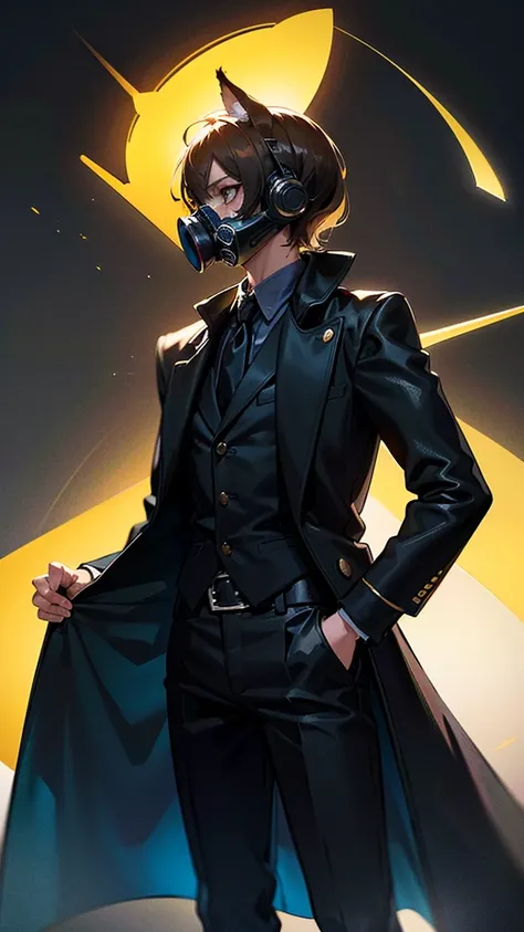  Gold,Cat ears, neutral, Tall,suit, GAS MASK,black tie, black pants ,solo,greatest masterpiece, standing,short hair,long coat,8k,high quality,anime chick,simple agent profile,scene camera,cool expression, Metallic ,dark atmosphere,dark background,Realistic...