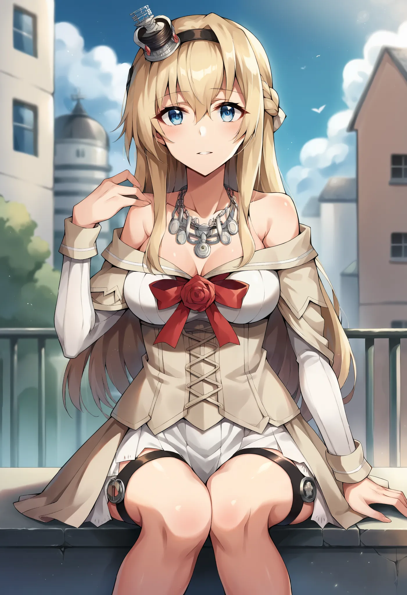 score_9, score_8_up, score_7_up,  source_anime, masterpiece, 1 girl, CT_w4rspite, blue eyes, Off Shoulder Dress, long sleeve, corset, Red Ribbon, necklaces, thighsハイソックス, garter strap, facing viewer, viewers, outdoor, city, depth of field, Chest,  Shiny Sk...