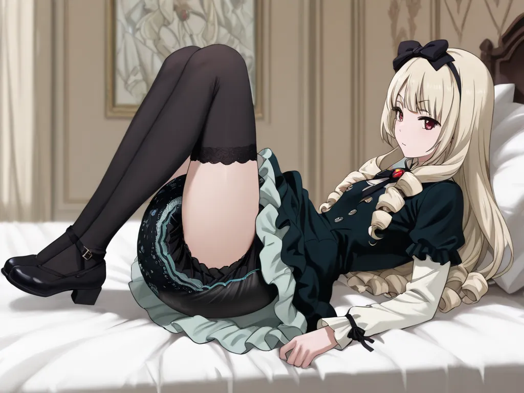 masterpiece, best quality, absurdres, solo, from side, 1girl, ogasawara rinko, long hair, blonde hair, drill hair, bow hairband, red eyes, looking at viewer, long sleeves, white shirt, black dress, frilled dress, layered dress, brooch, black neck ribbon, b...