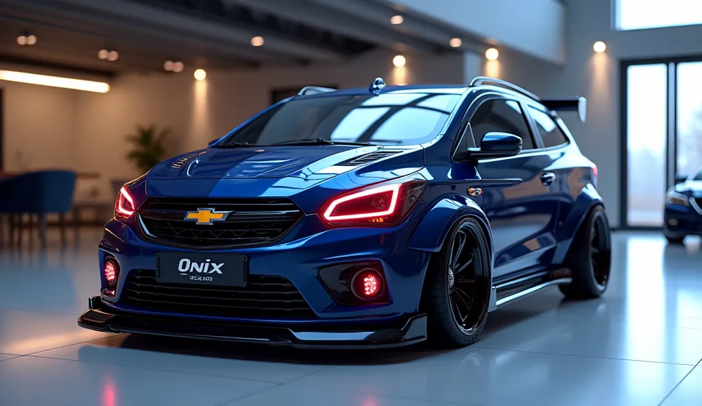  3D render of a heavily modified (2026  Chevrolet Onix Plus )in (   dark Blue   )colour, ( front sides  view) The car features , ultra-high-detail glossy and shiny modifications, including sleek add-ons. The (  Onix    )  logo is prominently displayed on t...