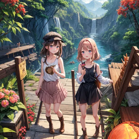 pink brown brown gold hair、 eye、  Has hair tied  、Two cute people、 check mini skirt、  black t-shirt、 Light clothing、 Layering、tank top、 camisole、high socks、 Boots、 teeth inside、  The Road Is Crooked 、Mountain々、Stick together  、 bamboo forest、 chest pocket ...