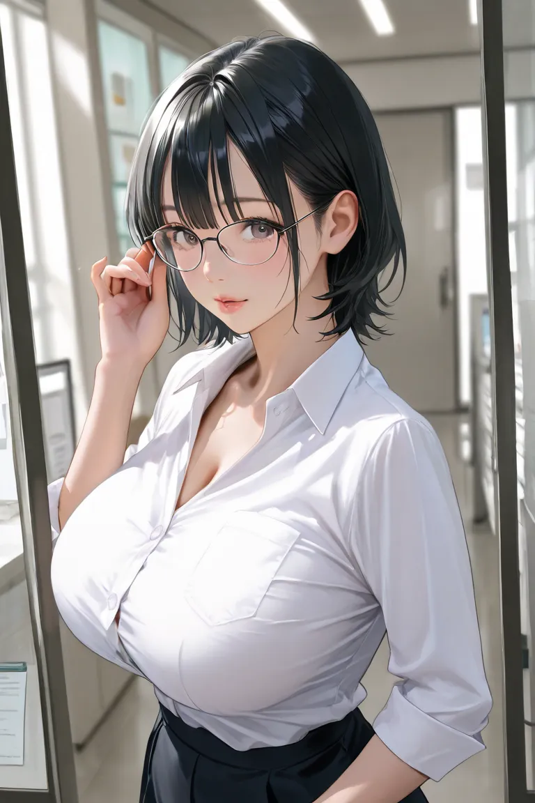 Glasses、Plain、Big Breasts、Short black hair、Extremely Realistic、top quality、in white for summer very detailed、 office、clerk、white shirt