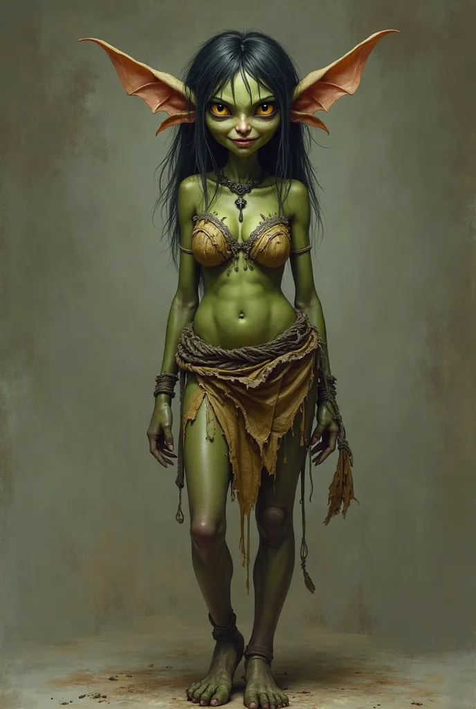 female goblin, sexy, slim body, green skin, wide hips, medium breasted, pointed ears, yellow eyes, black pupils, black hair, short stature, human feet nails, ragged slave clothes, slave necklace, full body view, vista frontal,  looking at the spectator wit...