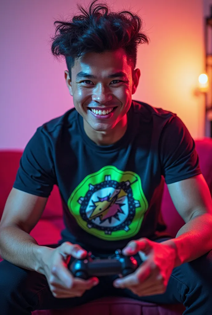 man with an athletic body,  holding a video game controller, With a youthful appearance, A shirt with a game design