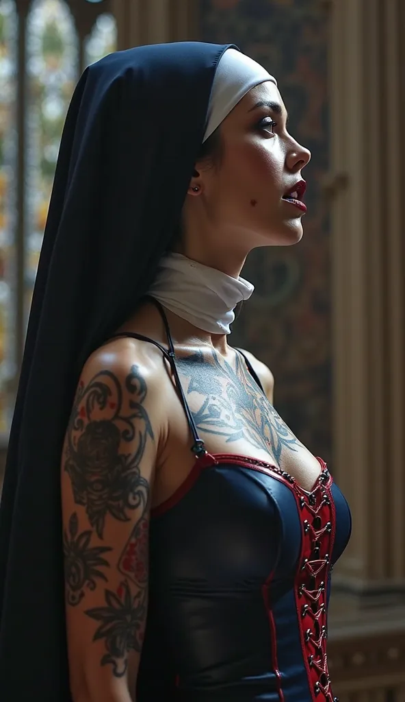 angelina jolie, view from profil, latex,  latex nun uniform, long latex nun dresse latex dark blue and red brown, REVERENCE LATEX RUBBER HEADPIEce dark blue latex red brown latex, corset latex brown red, platform stilettos vinyl red blood, black shinny lip...