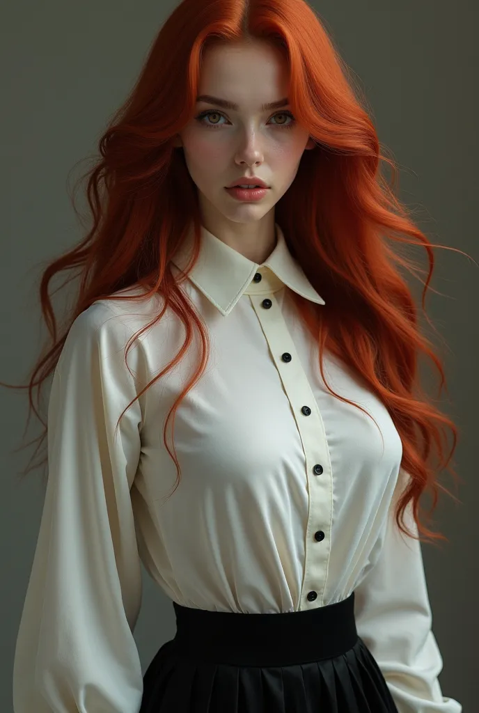  make a pale girl, with beautiful red eyes and small, He had long,  dark red hair,  A white woman&#39;with a high collar, Low with exaggerated flight and long sleeves, a half black skirt and a large shirt, Perfect breasts 