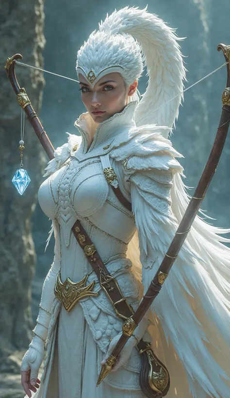 An anthropomorphic swan soldier. She wears pearly white with the logo Royce roll armour.
She is elegant, graceful and proud 
She is brandishing a diamond bow in her right hand.


Résolution Haute