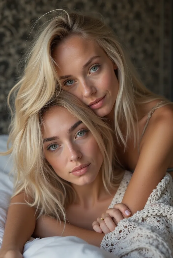 Photo nette et détaillée de deux ados américaines blondes. Respecter les positions de la photo de référence. Elles sont allongées à plat ventre l'une sur l'autre. la personne du dessus est allongée sur l'autre. Elle tient les mains de sa copine dans les si...