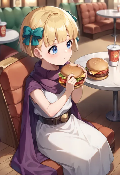 score_9, score_8_up, score_7_up,  source_anime, masterpiece, 1 girl, Criantavita , blue eyes, sleeveless dress, belt,   purple cape  , sitting, restaurant,  burger, depth of field, 