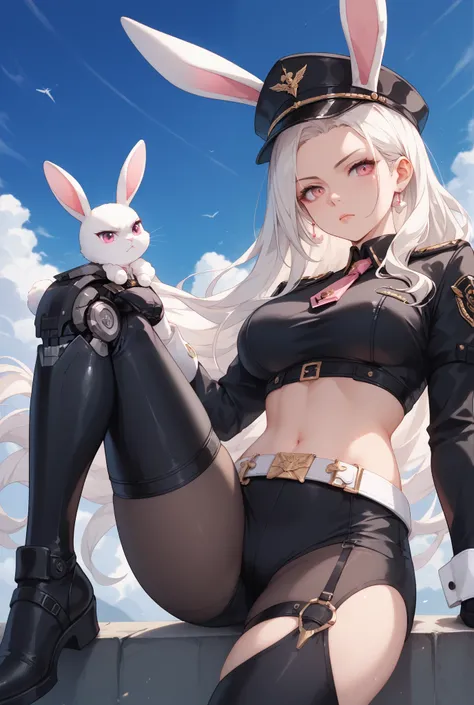 A women, white bunny ear, white long hair, pink eyes, look emotionless and cold, serious looking,black commander hat, black crop top commander suit long sleeve, black very short pant, robotic black leg amour, black glove,white belt, half body, lifting one ...