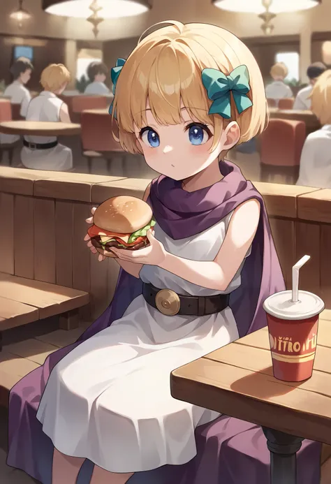 score_9, score_8_up, score_7_up,  source_anime, masterpiece, 1 girl, Criantavita , blue eyes, sleeveless dress, belt,   purple cape  , sitting, restaurant,  burger, depth of field, 