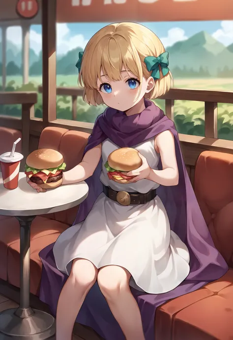 score_9, score_8_up, score_7_up,  source_anime, masterpiece, 1 girl, Criantavita , blue eyes, sleeveless dress, belt,   purple cape  , sitting, restaurant,  burger, depth of field, 