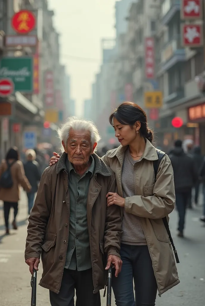 An elderly person on the street with their home helper