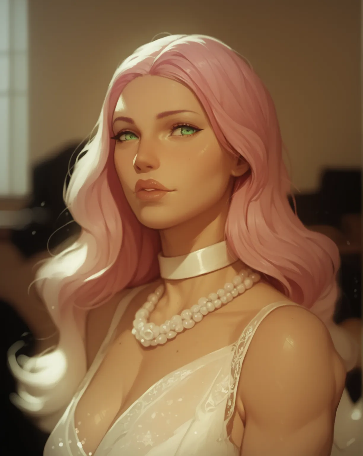 A woman with pink hair green eyes