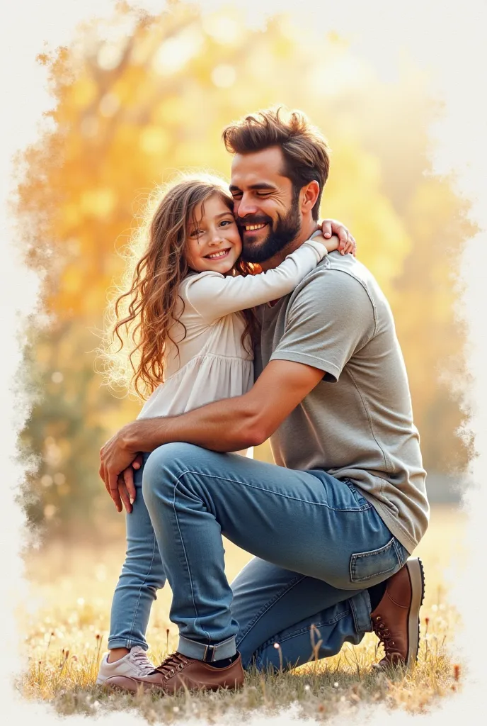 Watercolor painting of a happy man kneeling in the embrace of his young daughter. The kneeling man is happy. He sits in a chair, smiling warmly, hugging his kneeling daughter. A full-length shot of the two people. A warm glow surrounds the painting. Waterc...