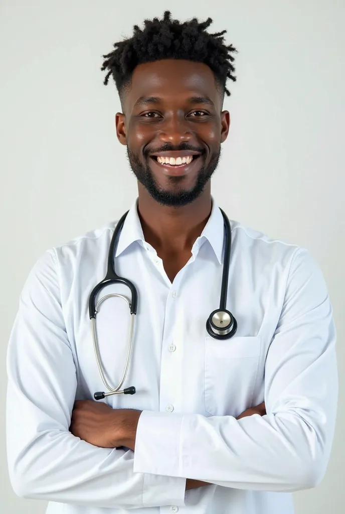 Jeune étudiant en médecine africaine de 8K A, de grande qualité, vêtu d'une blouse blanche et d'un stéthoscope, souriant avec assurance. L'arrière-plan est un espace blanc épuré avec des icônes médicales subtiles (microscope, écran numérique, mannequin de ...