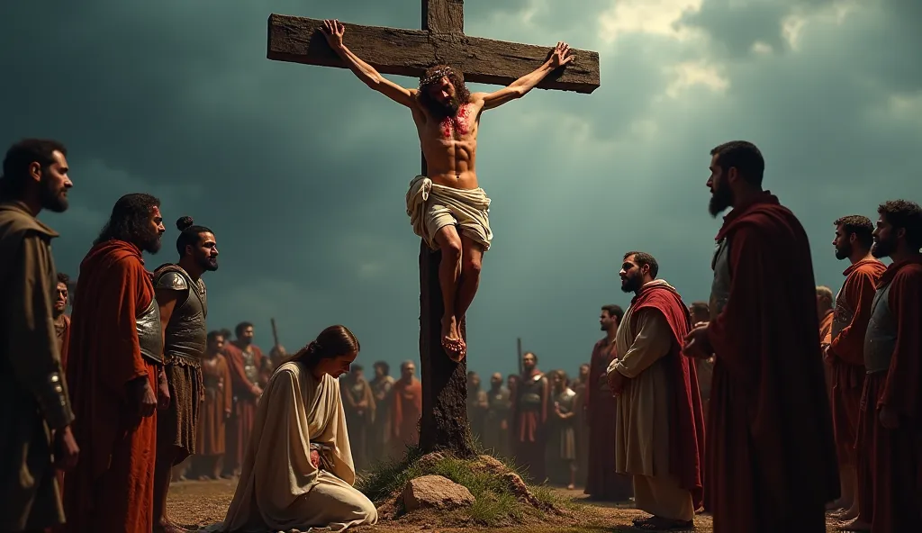 A highly detailed 4K cinematic depiction of the crucifixion of Jesus Christ on Golgotha. The sky is dark and stormy, with dramatic lighting casting shadows over the scene. Jesus hangs from a rugged wooden cross, his body covered in wounds, with blood trick...