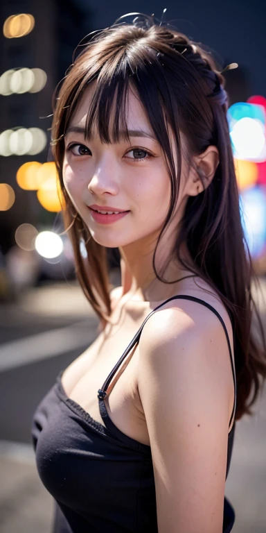 1 girl, tokyo street, night ,  cityscape, city lights ,upper body,close-up,smile,, (8k, RAW photo, best quality, masterpiece:1.2),(realistic, photo-realistic:1.37),