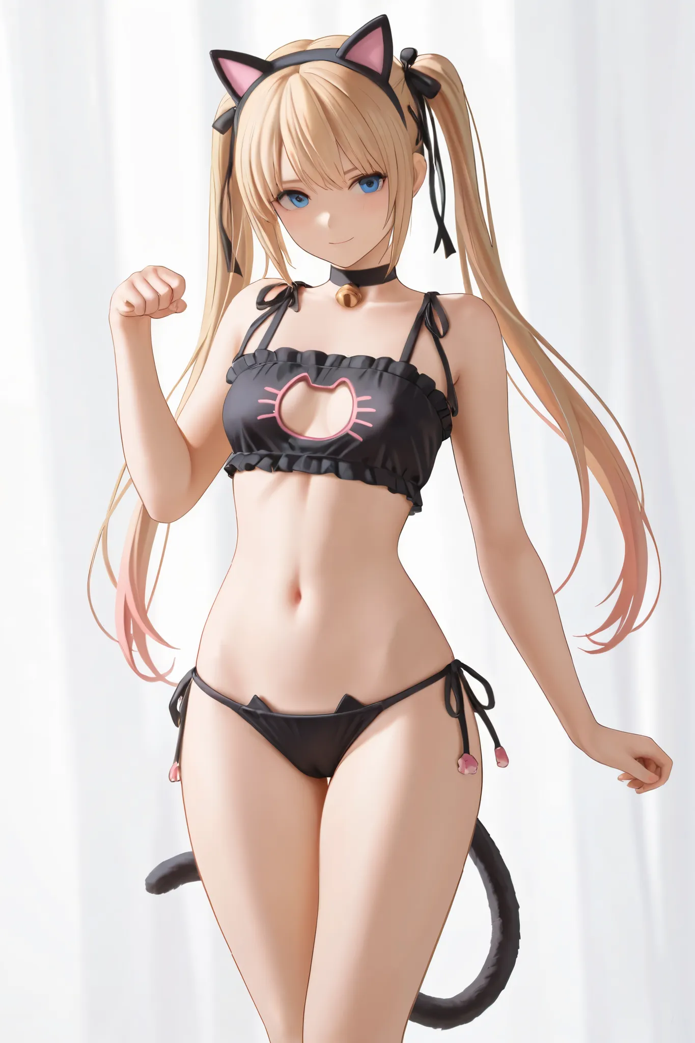 NSFW,masterpiece,top quality,high resolution,in white for summer very detailed, Marie Rose(dead or alive), Gold,long hair、twin tails, cat lingerie,cat ear headband,cat tail