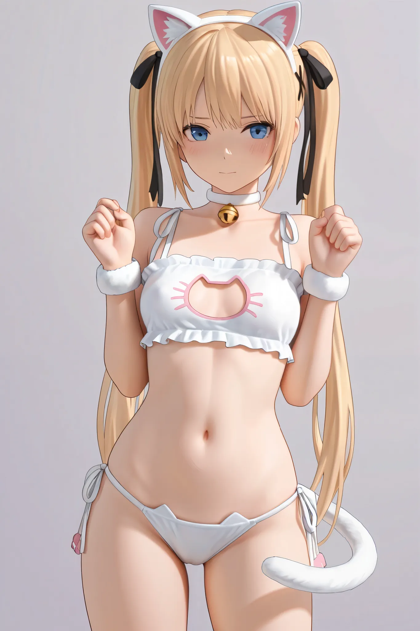 NSFW,masterpiece,top quality,high resolution,in white for summer very detailed, Marie Rose(dead or alive), Gold,long hair、twin tails, cat lingerie,cat ear headband,cat tail