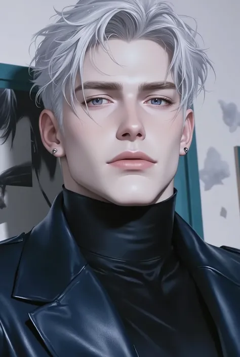 Boy, silver hair, dark blue eyes, serious sharp features, light white skin, sharp nose, light pink lips, handsome, perfect, elegant, wearing a black sleeved shirt, a jeans jacket, a wall background with a picture of Kailua Zoldyk from Hunter x Hunter anime...