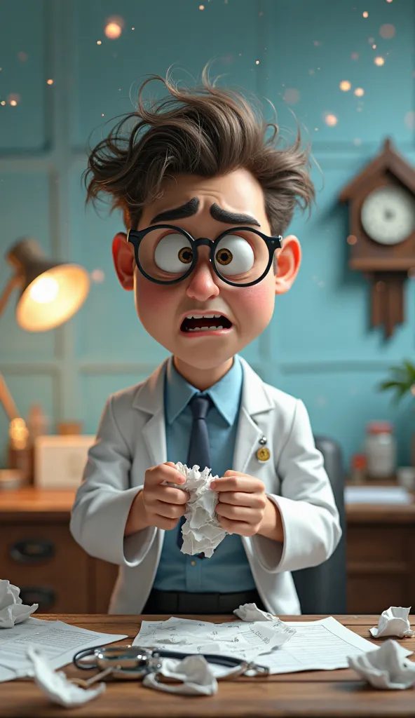 A highly stylized 3D doctor with an exaggerated, cartoonish appearance, wearing a slightly wrinkled white lab coat over a light blue shirt and a loosely tied tie. He has oversized round glasses, wide-open eyes, and an expression of intense frustration. His...