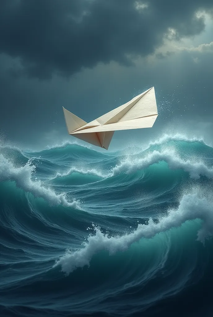 Paper plane flying covers the sea during a storm