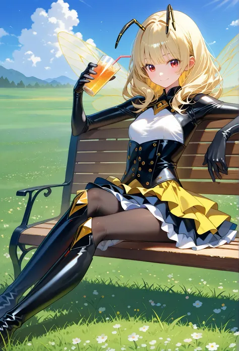 ■構図■She is positioned in the center of the image,
■背景■The background features a light-blue sky dotted with fluffy white clouds,grasslands and many flowers,
■People■(Beautiful Girl Who Cosplay as a Bee:1.2),(loli:0.7),sitting,drinking drink,sitting on Woo...
