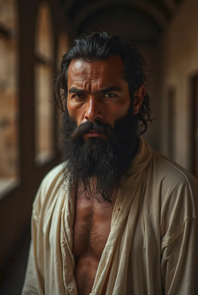 Arab man,handsome and young,long beard,tanned skin,angry look,Frowl resolution,wearing Arab clothing from Egypt in the background of an ancient and dark fuzzy prison.masterpiece, Necessary, Anatomically correct, Awarded multiple times, pajamas, detail, HD ...