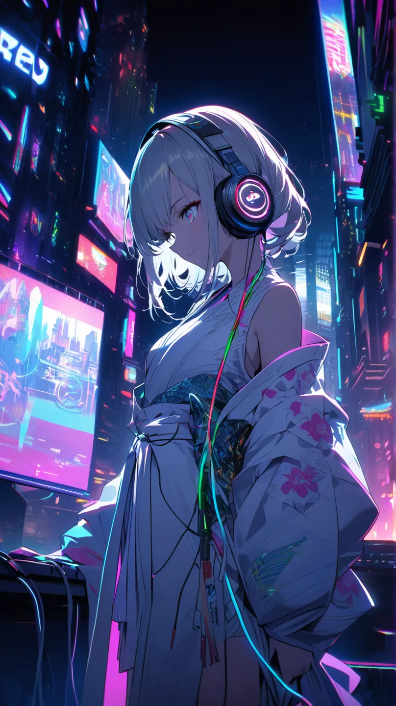  in white for summer very detailed ,  1 girl with an Oracle, Her hair color is flax-colored.、cyberpunk kimono,,      Japanese sword,headphones  , RGB lighting      headphones  s with White light,     headphones   with cable, White light, city, night city