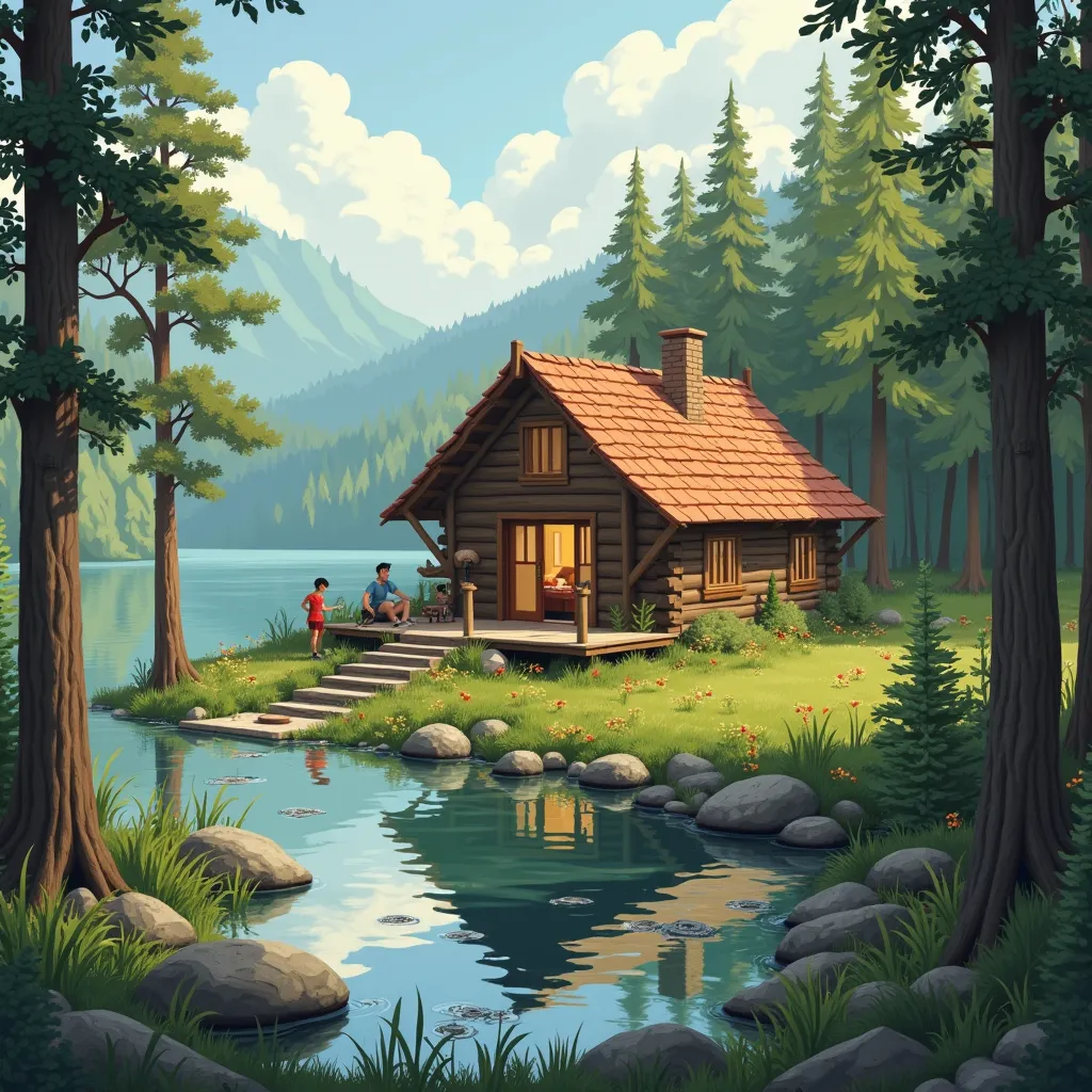  small , Funny, handsome little men are building their super house in the woods, on the shores of a beautiful lake