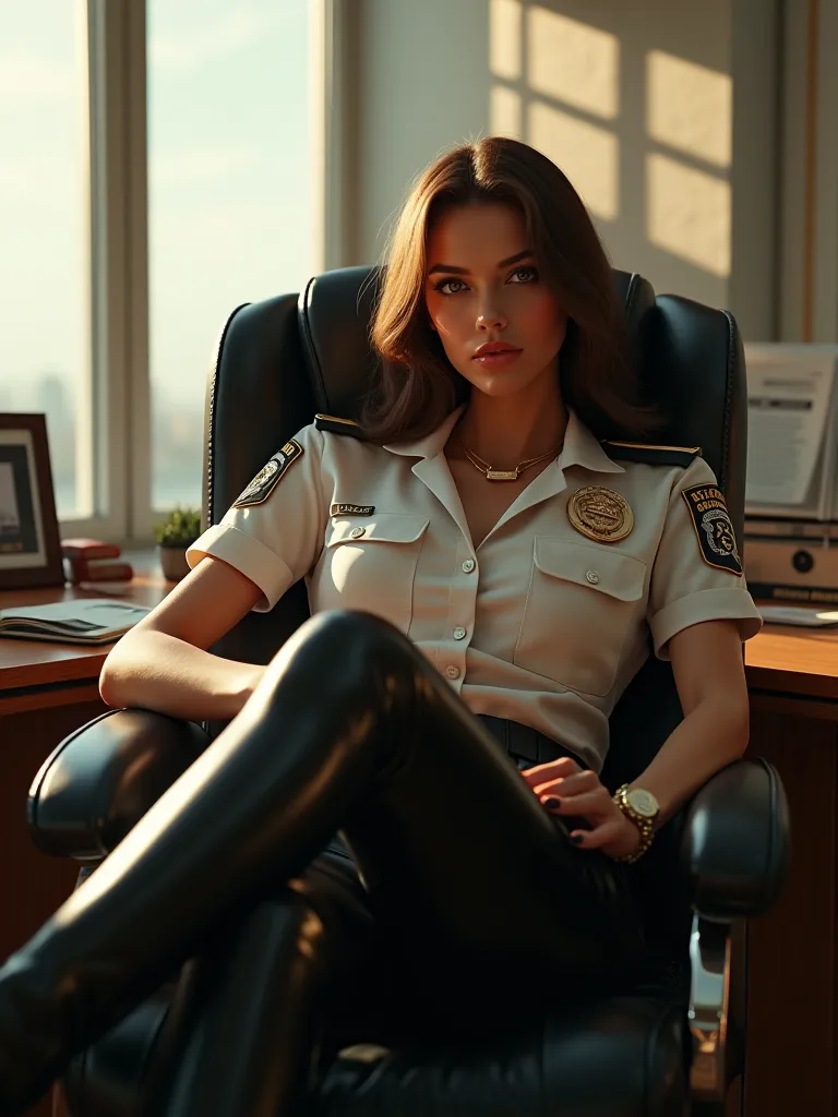 policewoman in sexy uniform sitting comfortably on a chair in the bright police station,  legs on the desk , Satin blouse,  tight leather pants , unlocks,high resolution,fotorealistic,hdr,ultra-detailed,physically-based rendering,professional lighting,vivi...