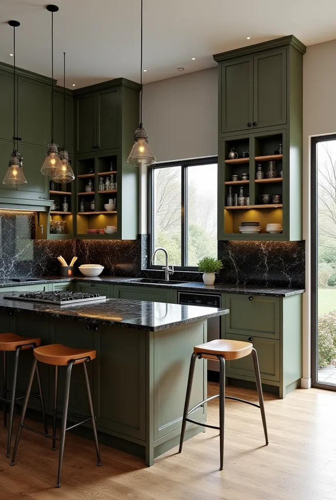 I want to design a full kitchen that combines modern and classic styles, in calm colors including black in the kitchen marble and olive green in the kitchen shelves with wooden touches. The kitchen will be in a rural location, with a built-in table in the ...