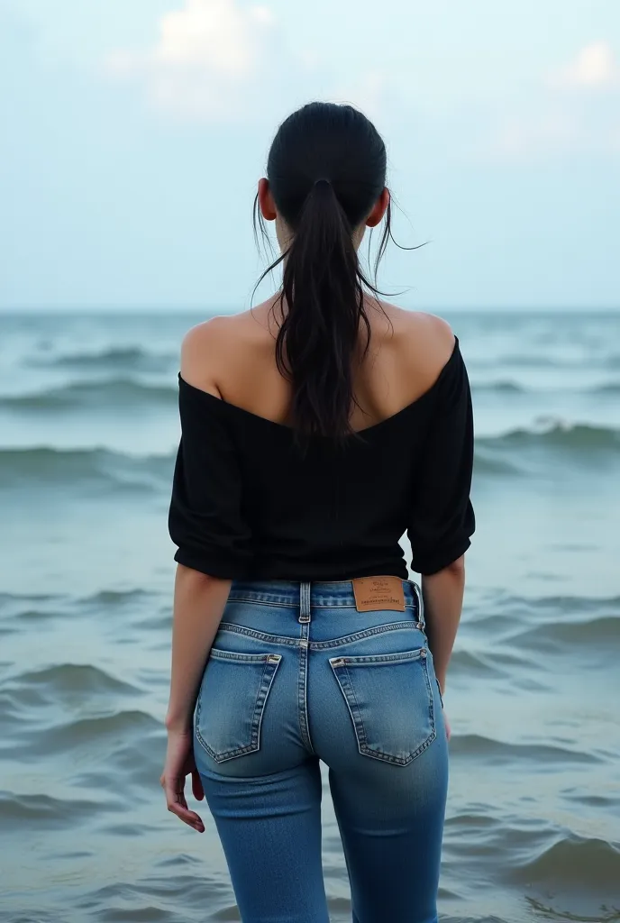 20-year-old girl in the sea wearing jeans and a black blouse her hair is tied in coconut and it's black, the sea is at the height of her waist, She has a standing shore, the sea is rough and dark, Distant image, She has her back staring at you, she is tall...