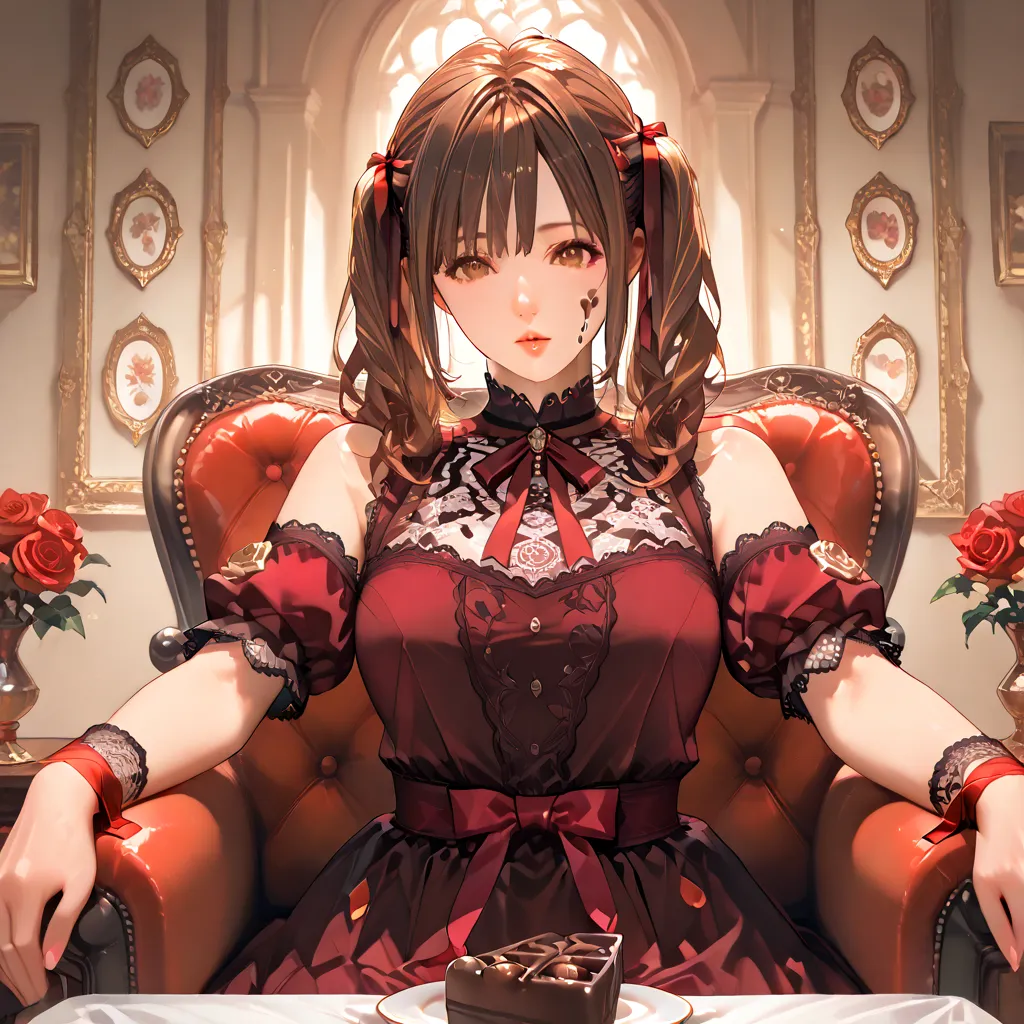  Anime girl (ethnicity:1.0), (age:1.1), (detailed clothing:1.2), (accessories:1.1), (facial features:1.3), (expression:1.2), (body type:1.1), (pose:1.2),  sitting gracefully on a plush, ornate red armchair, (detailed upholstery:1.1), (center of frame:1.0),...