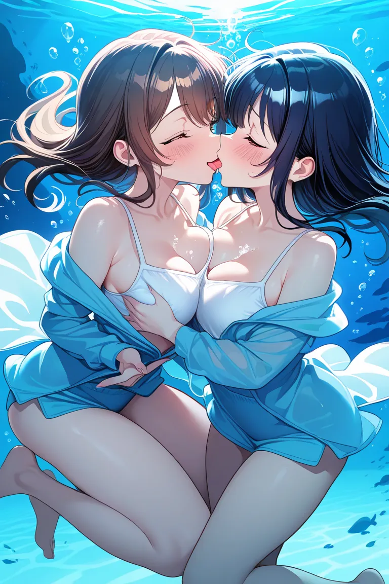 2girls, underwater theme, cute as fuck girl, wearing clothes that fit the theme, barefoot, kissing her younger girlfriend, squishing her chest, silly smile, and her tongue sucking her girlfriend