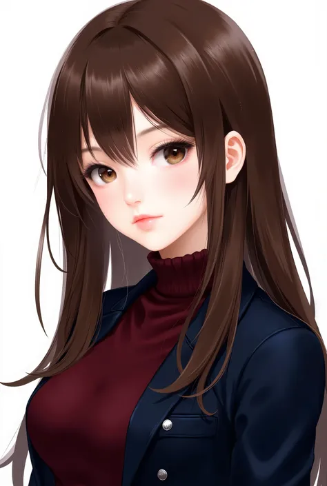 Girl, long brown hair, brown eyes, sharp features, light white skin, shiny light pink lips, different, beautiful, perfect hairstyle, wearing a dark cherry red sweater, dark blue formal jacket, high quality resolution, bright colors.