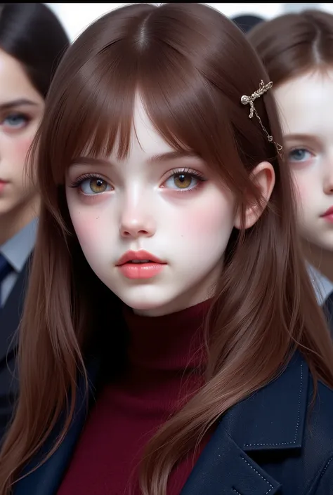 Girl, long brown hair, brown eyes, sharp features, light white skin, shiny light pink lips, different, beautiful, perfect hairstyle, wearing a dark cherry red sweater, dark blue formal jacket, high quality resolution, bright colors.