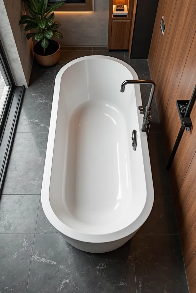 A top-down view of a luxurious freestanding bathtub, placed in the center of a modern bathroom interior. The bathroom features sleek, contemporary design elements with a minimalist aesthetic. The flooring is made of high-end materials like marble or dark t...