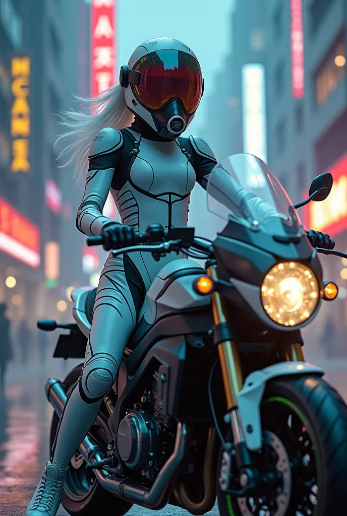 A girl in a space suit from the future stands next to the motorcycle of the future, white hair blows in the wind, there are a lot of neon lights and flying vehicles of the future around, high quality, full length, the motorcycle is wearing a modern oxygen ...