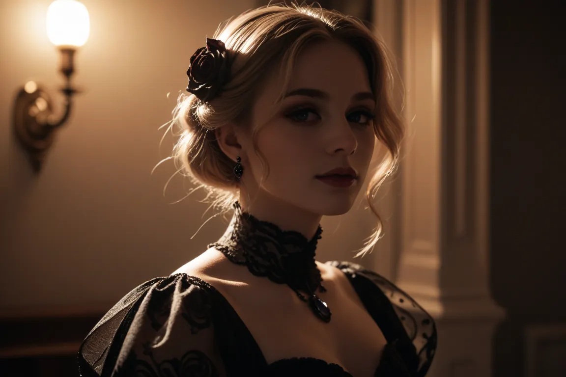 A dramatic Victorian portrait rendered in a High-Contrast Gothic Romance, with dramatic lighting and ornate details. Use a palette of deep blacks and bright whites to evoke a sense of mystery and passion  