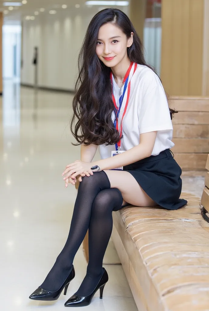 (    photorealism   :1.2)、 full body portrait 、Smelling black high socks 。 Beautiful Japanese Models、39;  thick legs、  woman  、39;    cheerleader uniform     、   business files、I'm hanging a security card from my neck　black high heels   、smile、Bench on the...