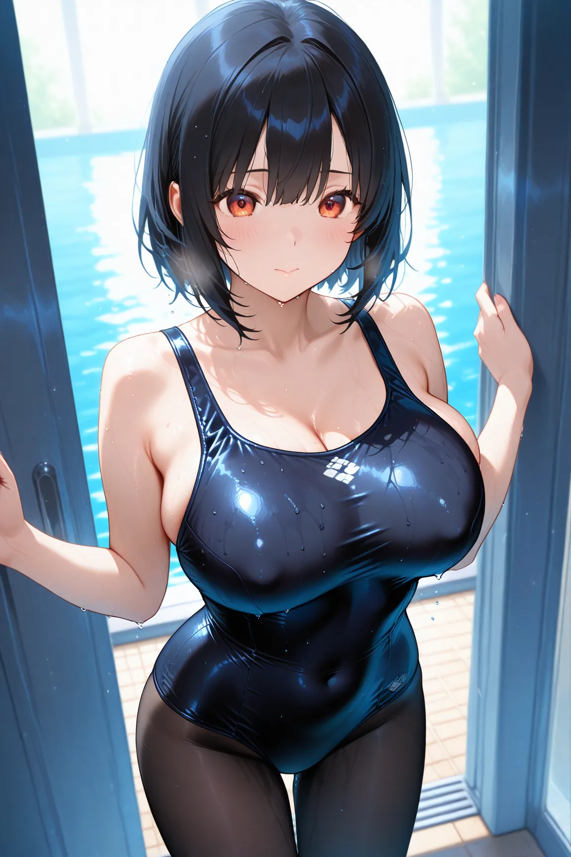 black tights　 black school swimsuit　Big boobs sticking out their shoulders　is wet 　