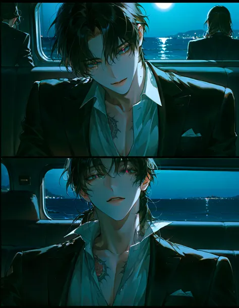 nice face ,aldult,Suit Jacket, Dark Hair,Handsome,Tattoo,Open Collar,On the sofa,a mole under the eye,aldult,Late Night,dim,mafia,6 male passengers around window, close-up face ,Central Ocean View,Dark Mood, seductive eye ,Loose Perms, thinking like