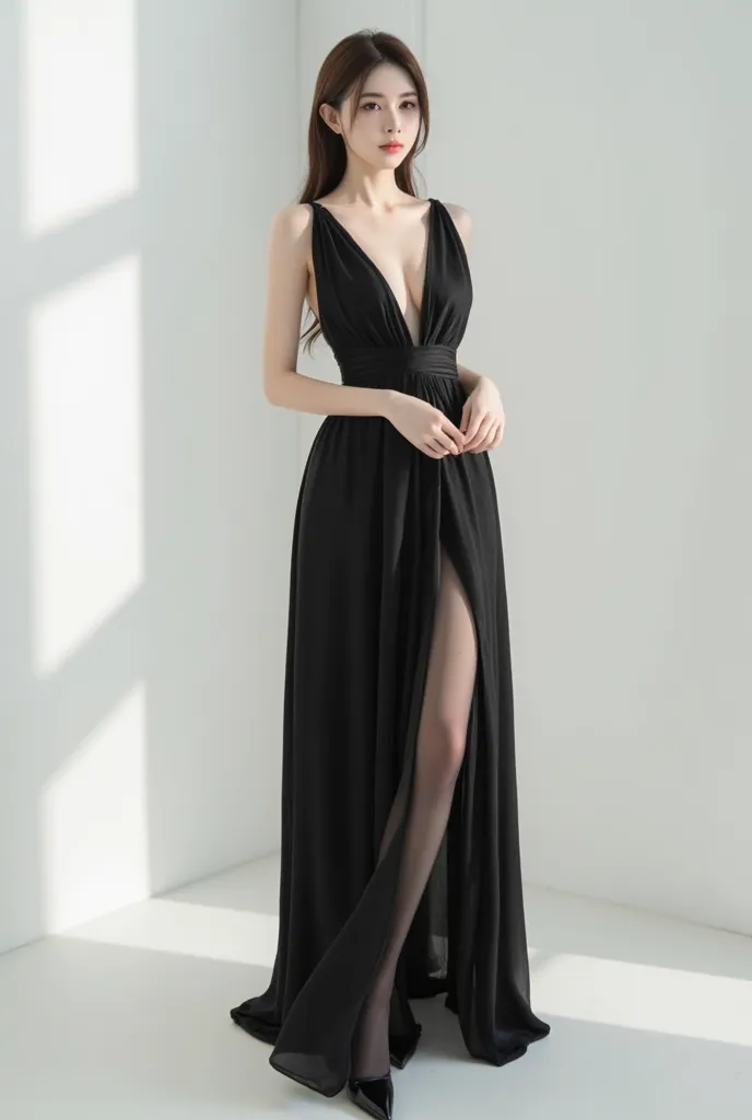 korean beauty in sheer Deep v satin little black long dress, high slit to waist, black pantyhose, 3 inch black heels, sitting in a bright empty room.