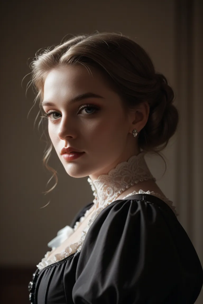 A dramatic Victorian portrait rendered in a High-Contrast Gothic Romance, with dramatic lighting and ornate details. Use a palette of deep blacks and bright whites to evoke a sense of mystery and passion 